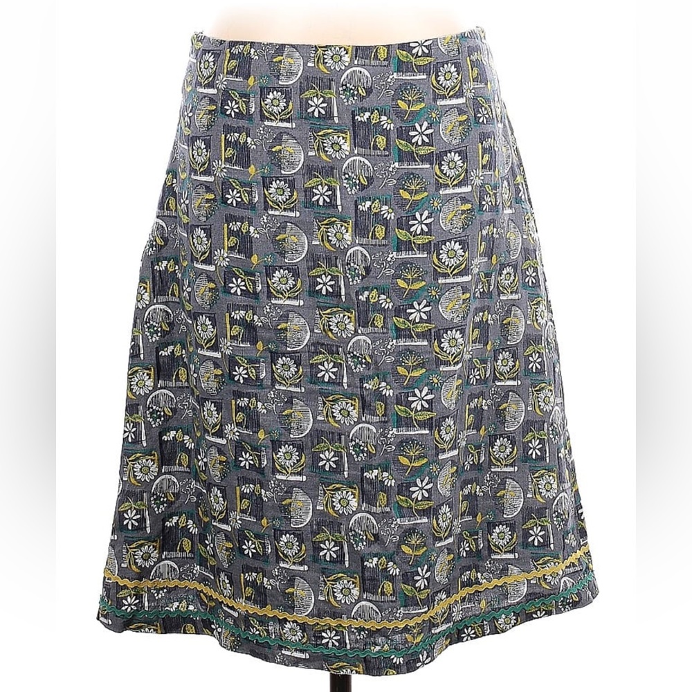 MISTRAL 100% linen floral a-line skirt gray blue green 12
